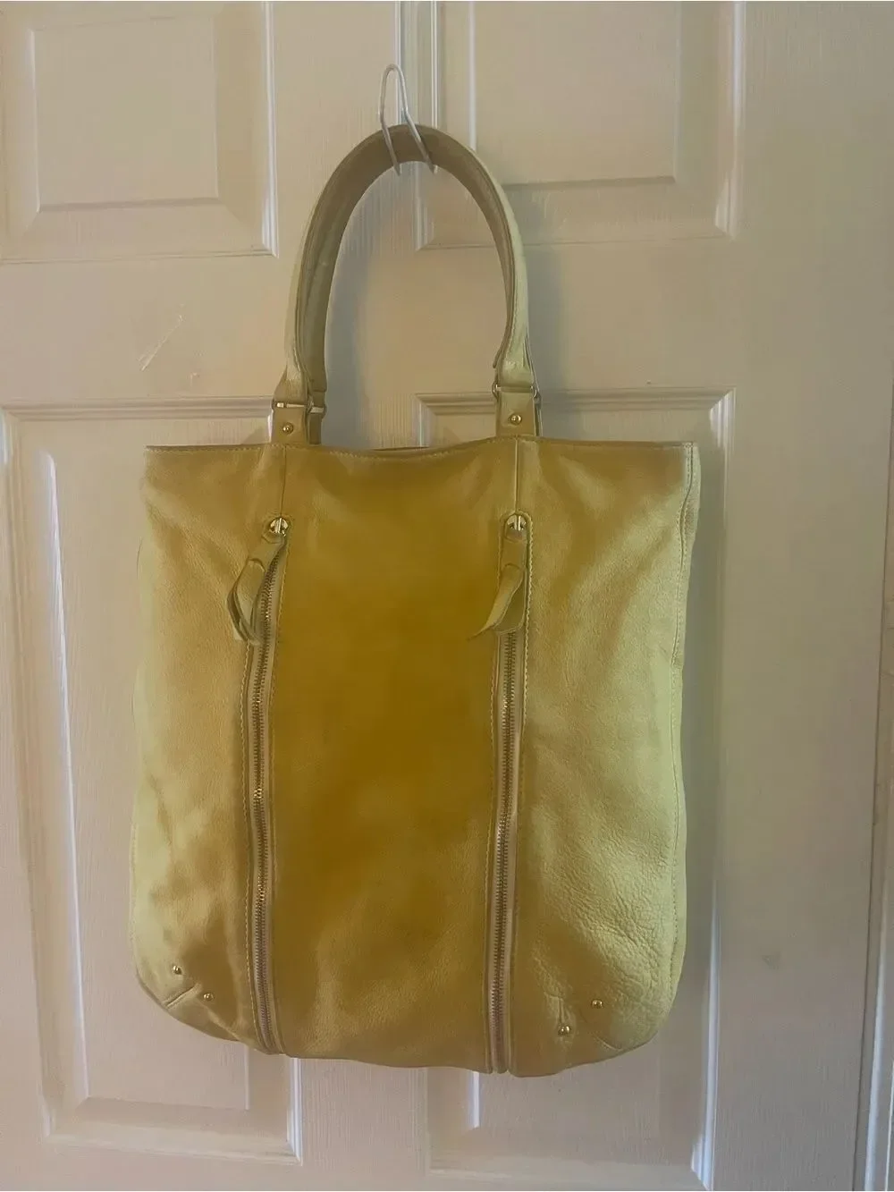 Yellow Leather Tote Bag with Front Zippers